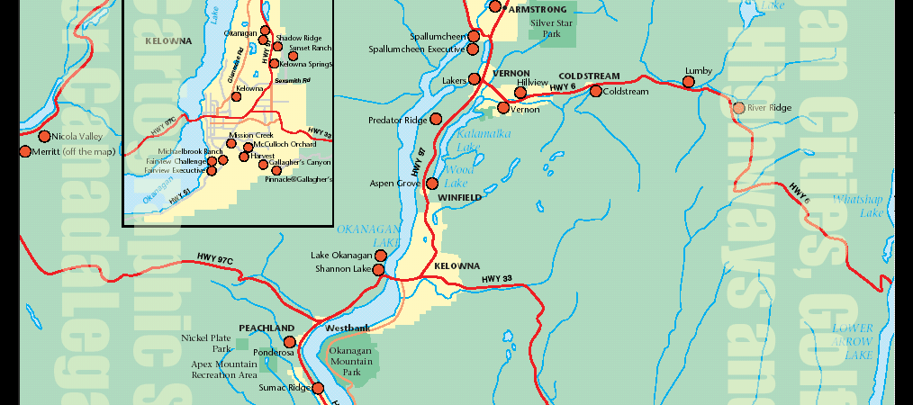 okangan area map showing city-town of Vernon, BC ; Armstrong and highway to Kelowna - CLICK FOR VERNON - KELOWNA LAWYERS' DIRECTORY