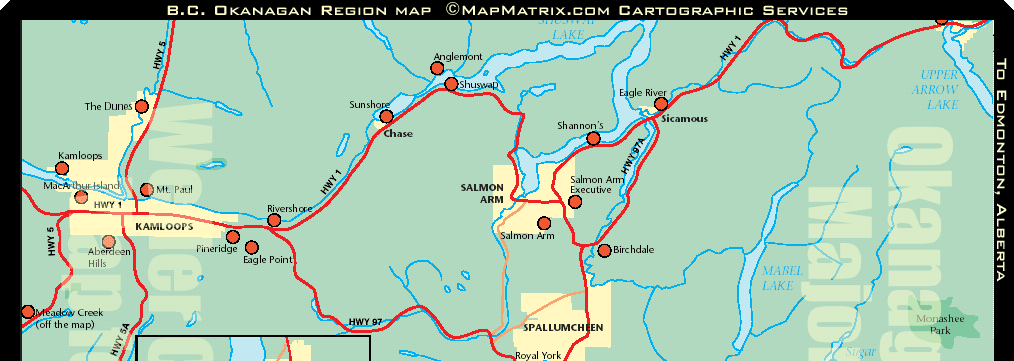 Okanagan map showing city of Kamloops and Spallumcheen - CLICK FOR OKANAGAN LAWYERS LISTINGS