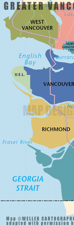 Map showing West Vancouver, North Vancouver, Vancouver Downtown, part of Richmond