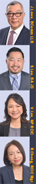 Photos of Jeffrey Lowe, BComm. LLB.; Stan Leo, BA JD; Vivien Lee, Notary Public & Registered Certified Immigration Consultant& Rita Cheng, immigration consultant