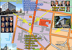 CLICK TO LARGE Victoria street map location for  family & civil litigation lawyers with McConnan Bion O'Connor Peterson law corp